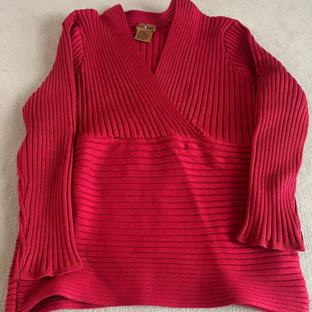Essendi Women's Red Stretch Ribbed Silk Sweater V-neck Long Sleeves Size L